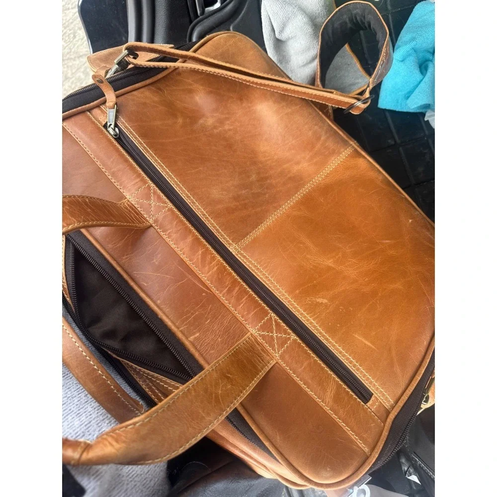 Vintage Hess Mens Tan Brown Leather Briefcase Messenger Bag Multi-Pocket Travel